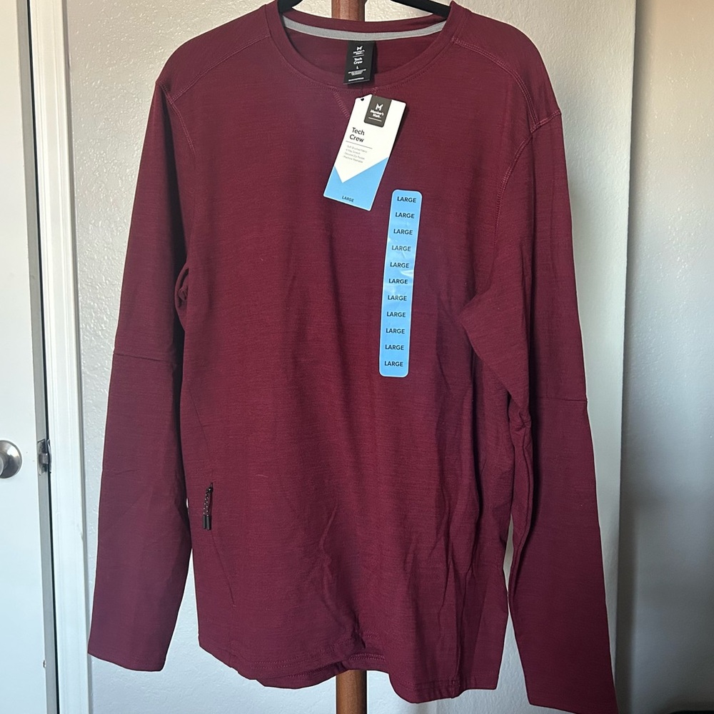 NWT Members Mark Burgundy Tech Crew Sweater Shirt Zipper Pocket Size Large |A142